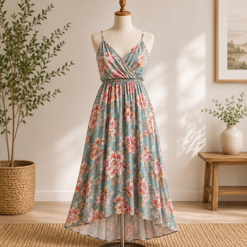 NWT Cupshe Maxi Dress Womens Medium Sage Green Floral Cutout Boho Summer